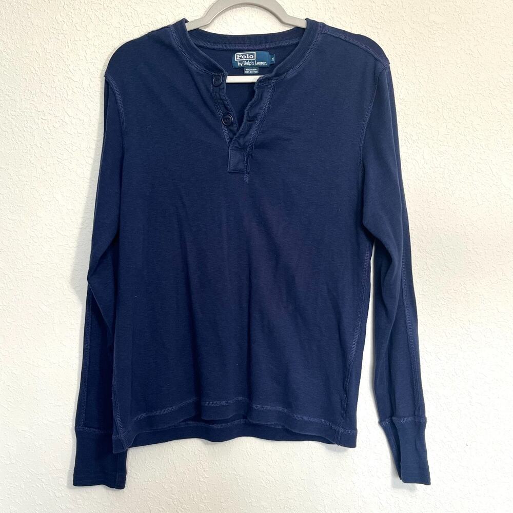 Polo Ralph Lauren Men Blue Cotton Henley Long Sleeve Button Front Shirt Medium